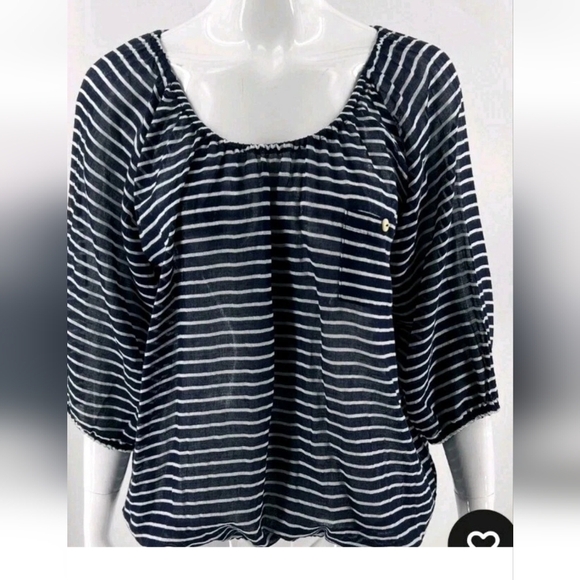 J Crew Sheeer Blouse  Medium Women Navy Blue White Striped Cotton See Thru - Picture 1 of 13